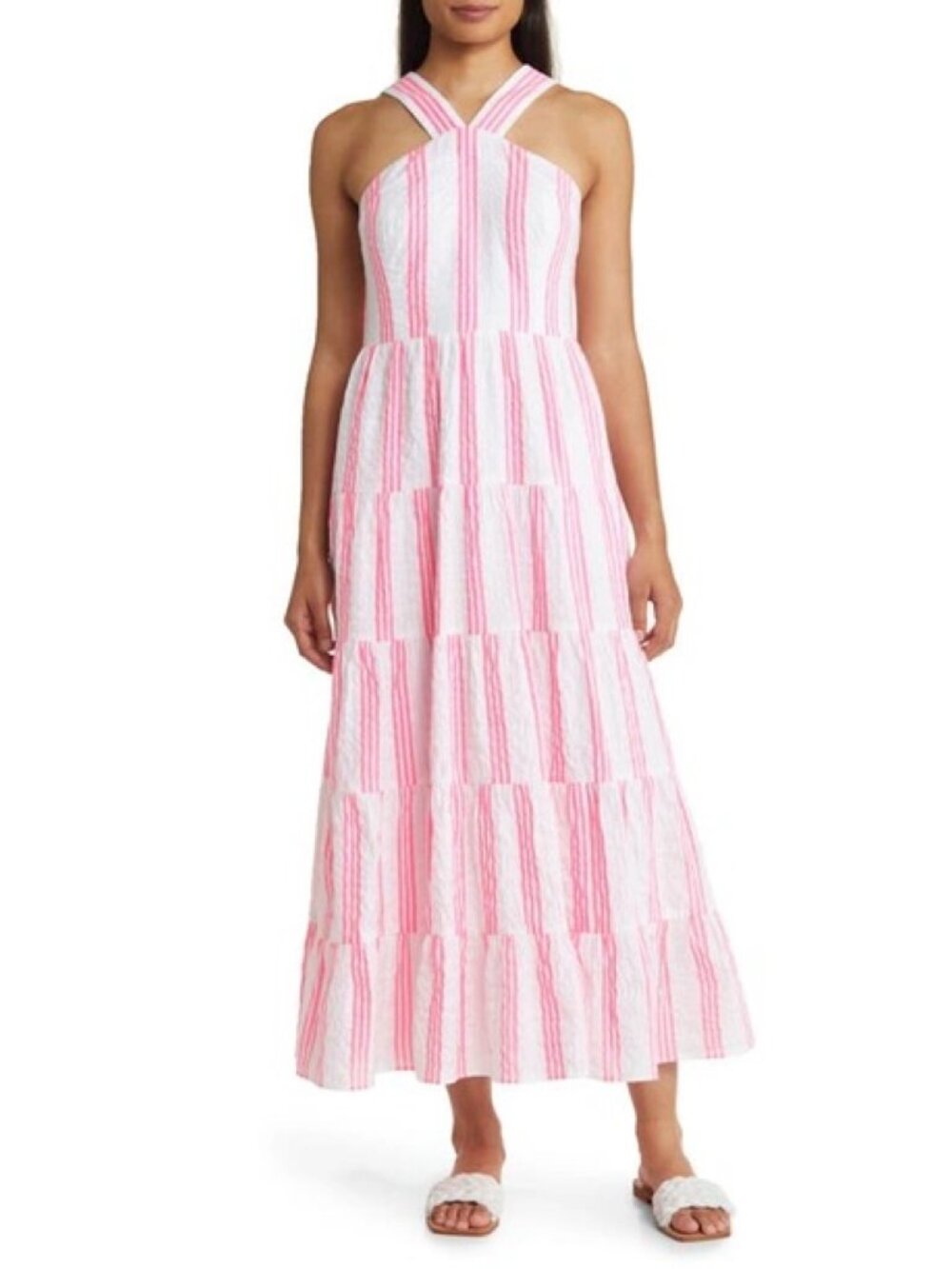 Lilly Pulitzer Pink Jenette Stripe Seersucker Tiered Maxi Dress